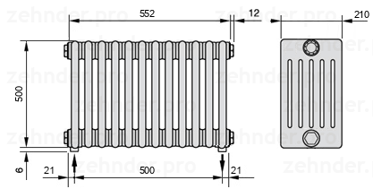 Схема (чертеж) Радиатор Zehnder Charleston 6050/12 №3570 Белый глянцевый RAL 9016